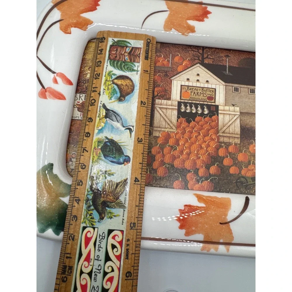 Folk Art Pumpkin Harvest Ceramic Picture Frame Autumn Leaves Bread Butter Farms